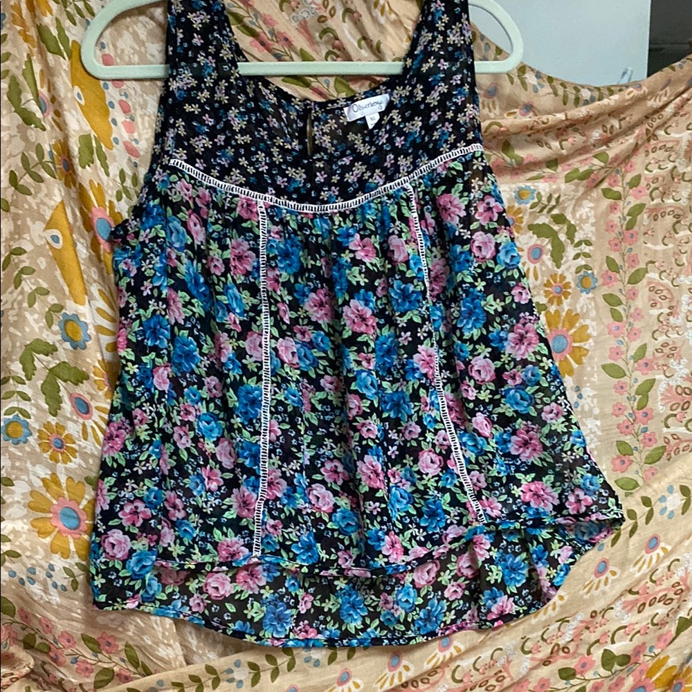 Olsenboye Pink and Blue Pleated Sleeveless Tank Top